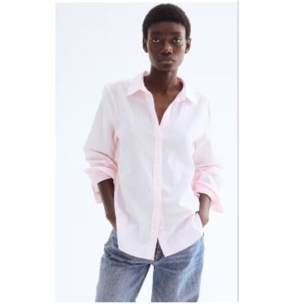 H&M 8 Women's Button Down Shirt - Pink Striped - Workwear